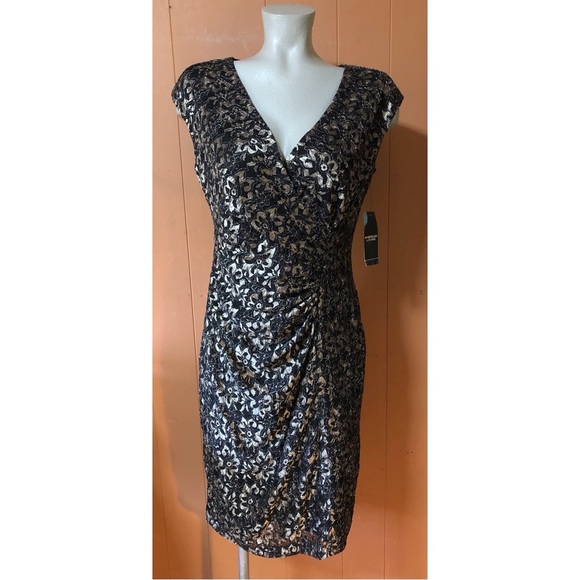 NWT American Living Metallic Black & Champagne Floral Lace V-Neck Sheath Dress - Picture 3 of 10
